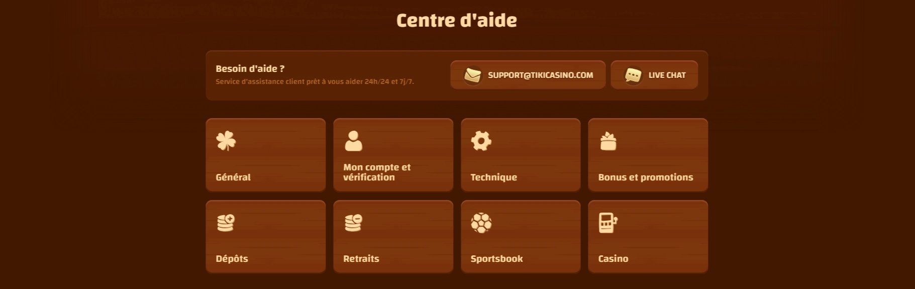 Support et contacts du casino Tiki
