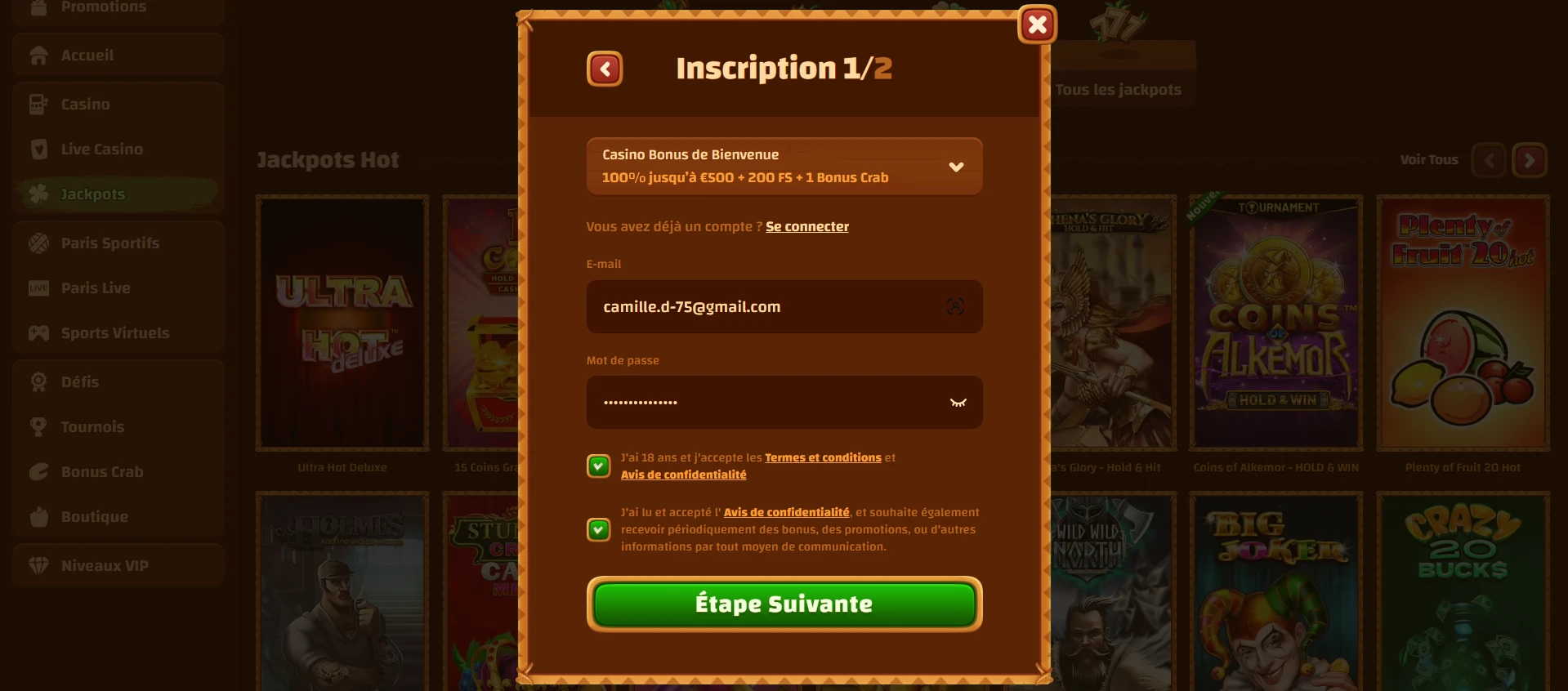 Processus d'inscription sur Tiki Casino