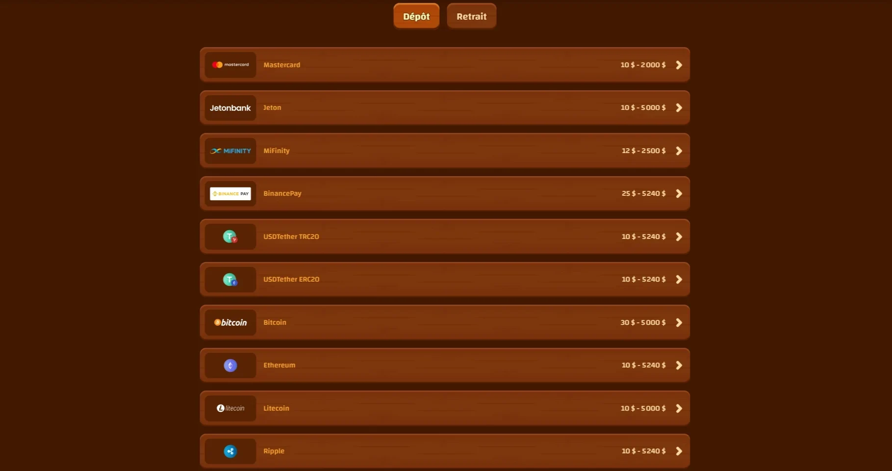 Options de dépôt sur Tiki Casino