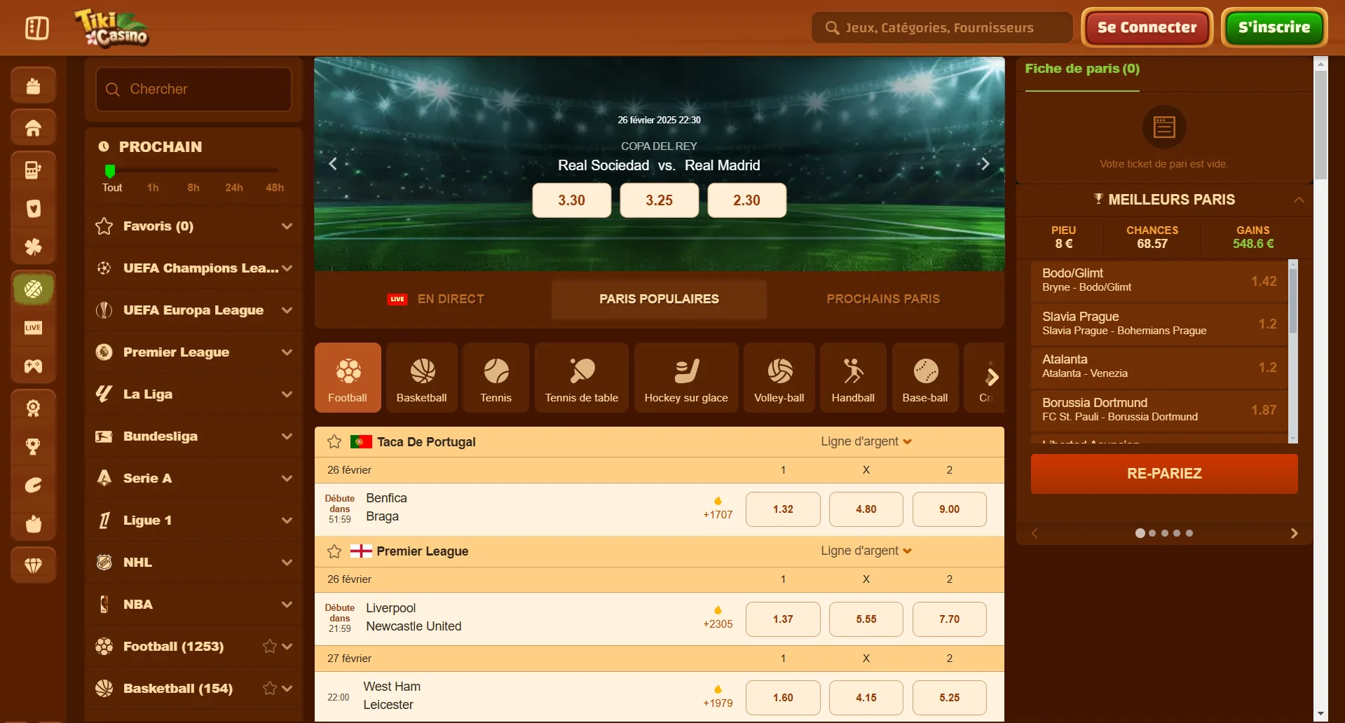 Section paris sportifs sur Tiki Casino